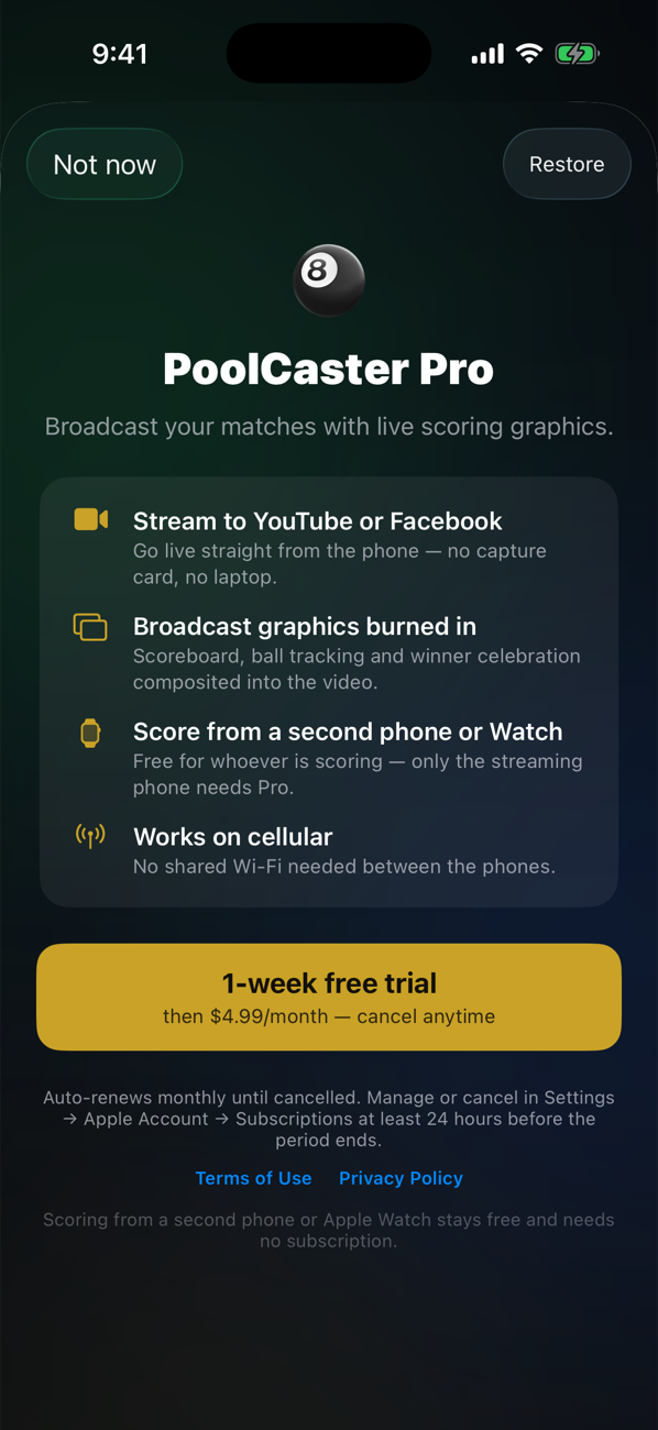PoolCaster Pro: 1-week free trial then $4.99 per month, with feature list and restore purchases
