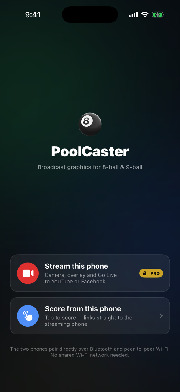PoolCaster role picker offering stream this phone or score from this phone