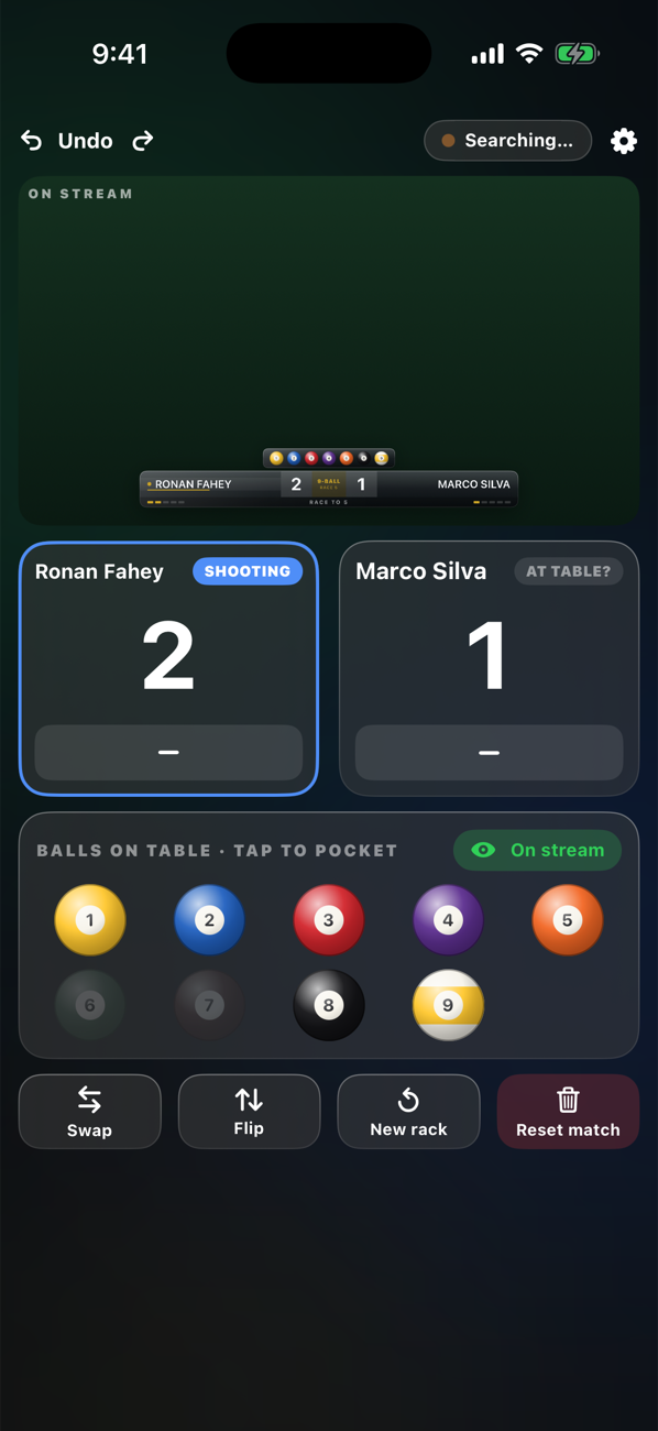 PoolCaster scoring screen showing a 9-ball match at 2-1 with a live preview of the broadcast overlay