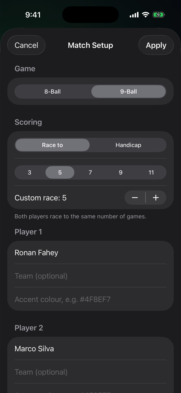 Match Setup: 8-ball or 9-ball, race to or handicap, race length, player names, teams and accent colours