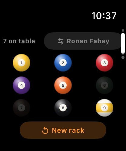 PoolCaster on Apple Watch showing the ball tray with seven balls left on the table